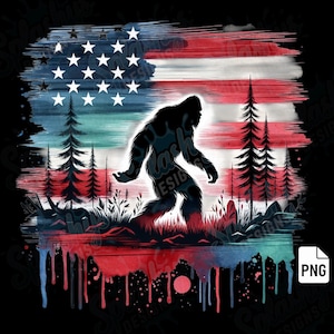 Bigfoot patriótico PNG Bandera estadounidense Sasquatch Bosque Diseño de sublimación 4 de julio EE. UU. Críptido Clipart Descarga digital