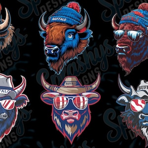 Buffalo Maskottchen PNG Bündel | Büffel Western Clipart | Winterbüffel mit Mütze | Amerikanischer Büffel mit Sonnenbrille | Rodeo Sport