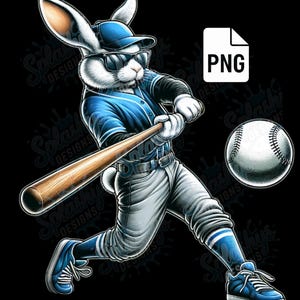 May include: A white rabbit wearing a blue baseball uniform, sunglasses, and a cap, swings a wooden bat. The rabbit is in a baseball stance, ready to hit a white baseball.