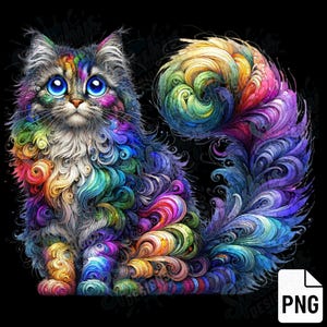 Può includere: Un gatto colorato con un motivo a spirale arcobaleno. Il gatto è seduto con la coda arrotolata attorno al suo corpo. Lo sfondo è nero.
