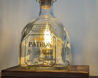 Patron Reposado Tequila Bottle Lamp Upcycled Wooden Base