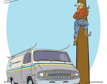 Telephone Linewoman Pinup Art Print "Love Connection" - High-quality archival velvet paper (8.5x11/13x19)