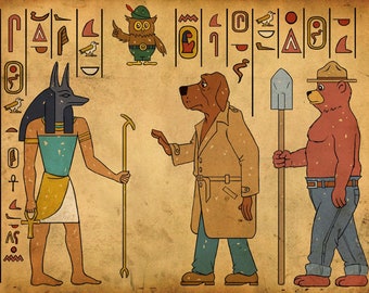 Ancient Egypt-style Art Print "Secret Origins of the PSA Mascots" - McGruff Smokey Bear Woodsy - High-quality archival velvet paper (13x19)