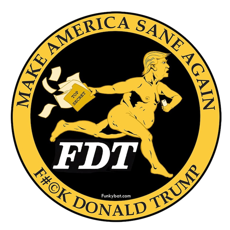 May include: A yellow circle with black text that reads "Make America Sane Again" and "FDT F#%K Donald Trump". Inside the circle is a cartoon image of a nude person running with a folder labeled "Top Secret" and a cell phone.