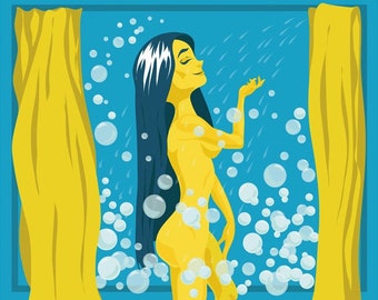 Female Nude Art Print "Soothing Shower" – High-quality archival velvet paper (8.5x11)