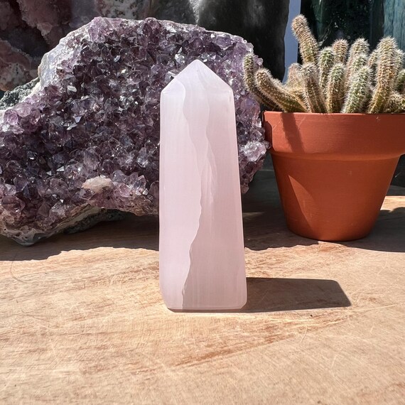 Mangano Calcite Tower: Pink Crystal Obelisk, Heart Chakra Stone