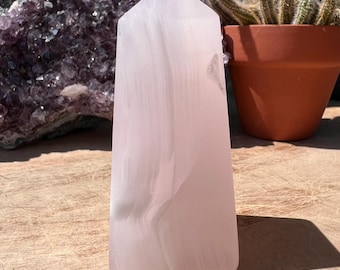 Mangano Calcite Tower: Pink Crystal Obelisk, Heart Chakra Stone