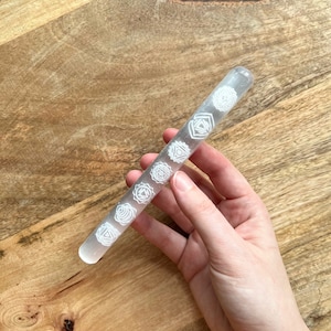 Engraved Chakra Selenite Wand - Satin Spar - 6&quot;