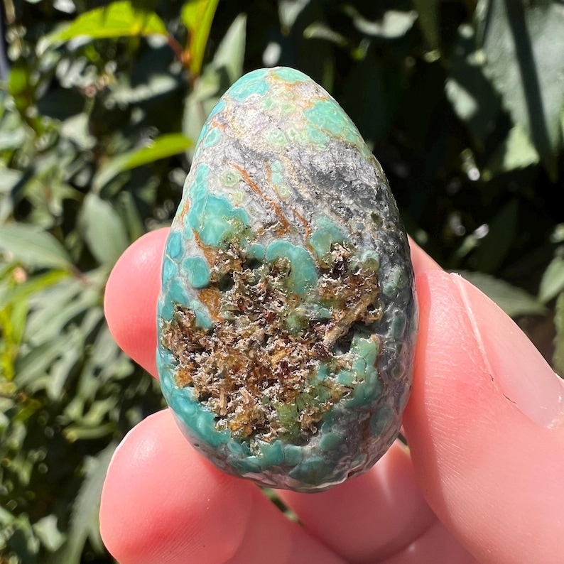 Pu&ograve; includere: Una pietra lucida a forma di goccia con una vivace superficie turchese e verde acqua, caratterizzata da complesse venature grigio scuro e marroni. Un ammasso centrale di depositi minerali marroni, testurizzati e cristallini, aggiunge profondit&agrave;.