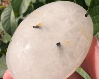 Tourmalinated Quartz Palm Stone: Black Tourmaline in Quartz Crystal