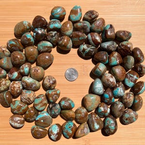 Pu&ograve; includere: Una collezione di pietre levigate e arrotondate, color turchese e marrone, disposte in un motivo circolare. Una moneta da venticinque centesimi di dollaro statunitense &egrave; posizionata al centro per fornire una chiara scala di dimensioni.