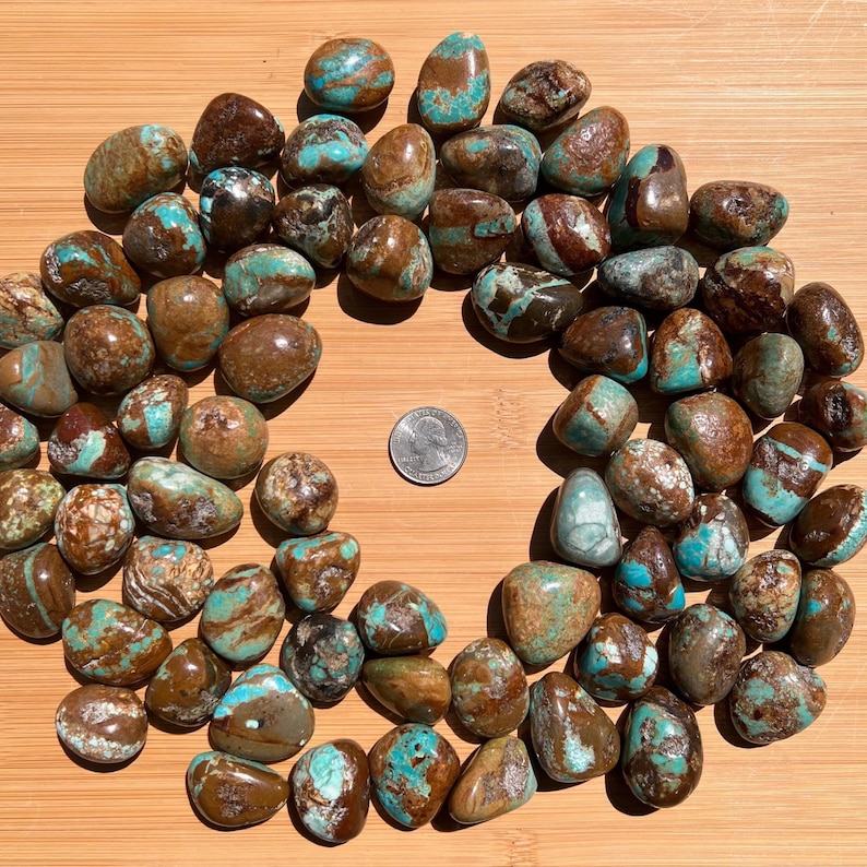 Pu&ograve; includere: Una collezione di pietre levigate e arrotondate, color turchese e marrone, disposte in un motivo circolare. Una moneta da venticinque centesimi di dollaro statunitense &egrave; posizionata al centro per fornire una chiara scala di dimensioni.