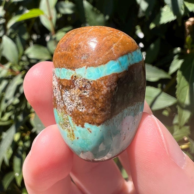 Pu&ograve; includere: Una pietra preziosa lucida di forma ovale con bande orizzontali di blu turchese vibrante e matrice marrone terrosa. La pietra ha una superficie liscia e lucida con inclusioni minerali naturali visibili e distinti strati di colore.