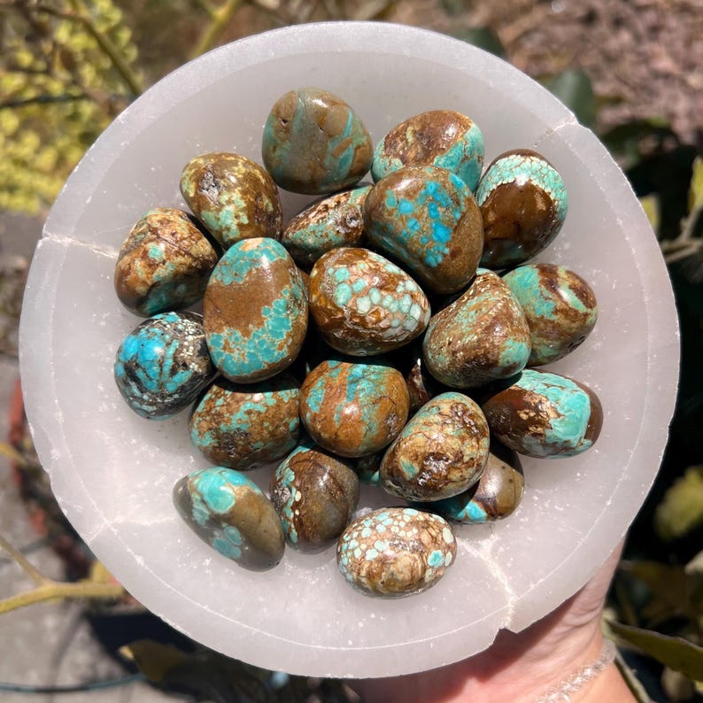 Pu&ograve; includere: Una collezione di pietre di turchese levigate con motivi a matrice marrone che riposano all'interno di una ciotola circolare in selenite bianca traslucida. Le pietre presentano varie tonalit&agrave; di blu brillante, verde acqua e marrone terroso, con superfici lisce.