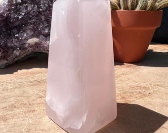 Mangano Calcite Tower: Pink Crystal Obelisk, Heart Chakra Stone
