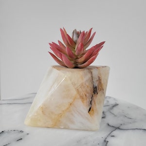 May include: A small, geometric, white and brown, alabaster planter with a pink succulent plant inside. The planter is sitting on a white marble surface.