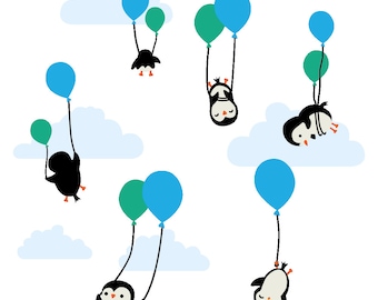 Family of Penguins Hanging on a Balloon Vinyl Wall Decal - Cute Cartoon Art Design of Polar Animals Falling From the Sky Wall Decoration