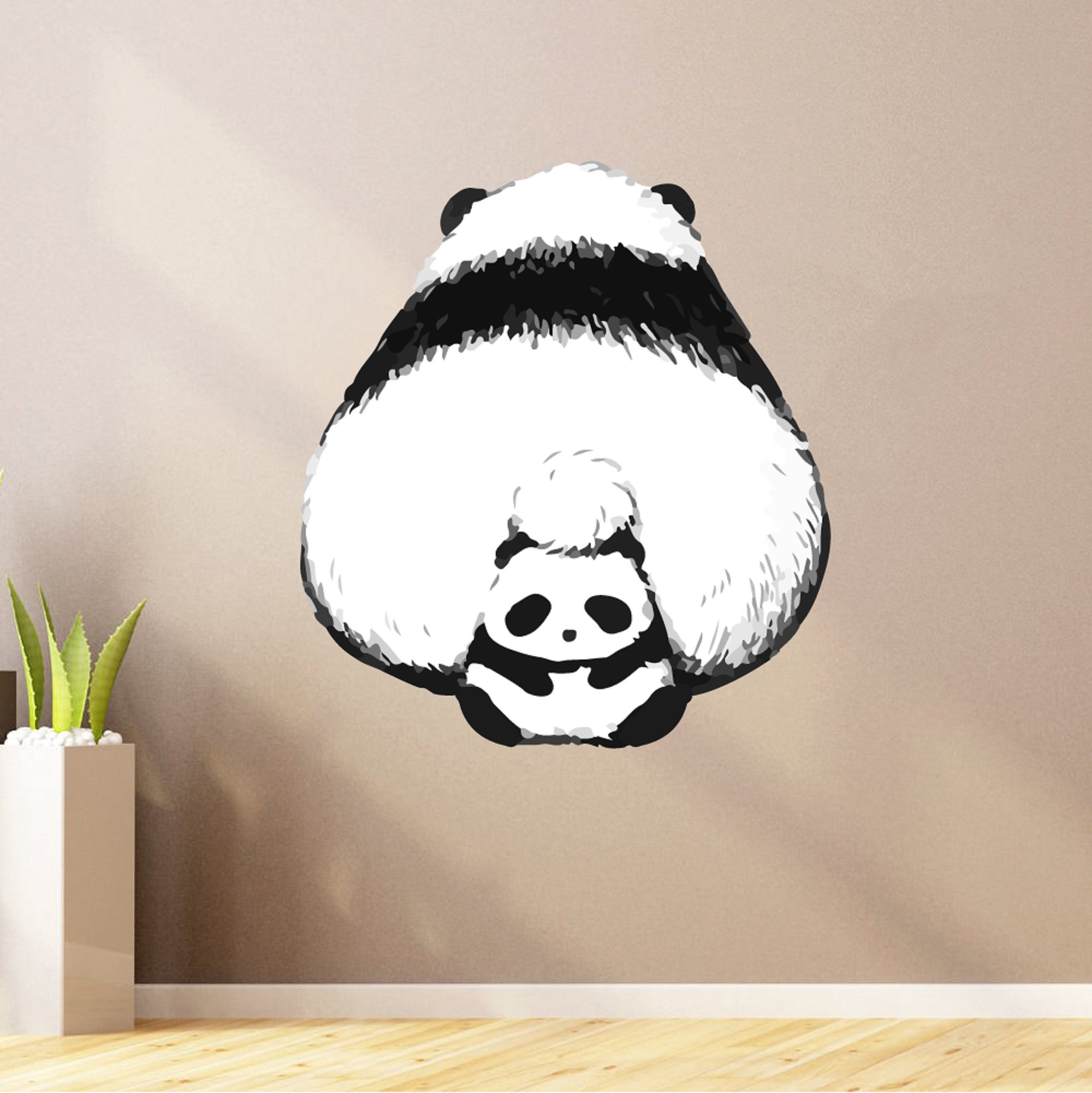 Realistic Art Design of a Panda and Her Baby Sitting Cozy on Her