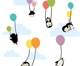 Cute Colorful Cartoon Art Design of Polar Animals Falling From the Sky Wall Decoration - Family of Penguins Hanging on a Balloon
