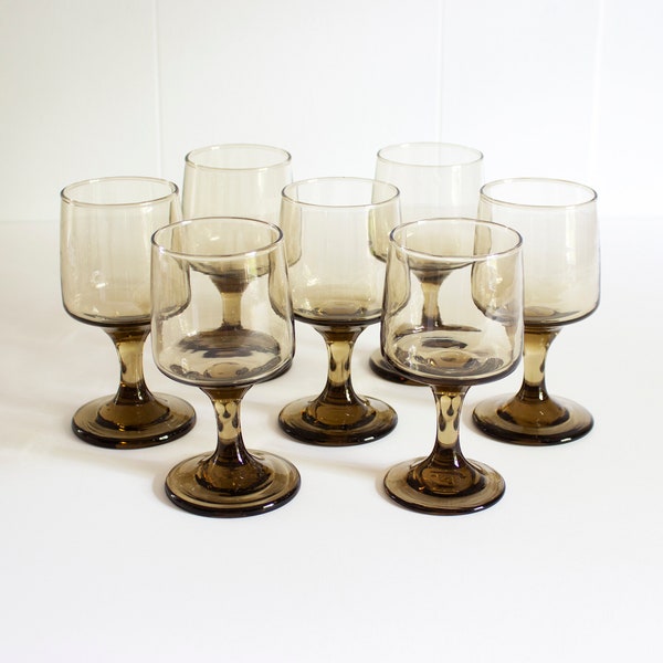 Set of 8 Vintage Libbey Tawny Accent Wine Glass Set Vintage Smoke Brown Retro Bar Stemware Lot