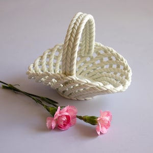 Vintage Small White Ceramic Rope Basket with Handle