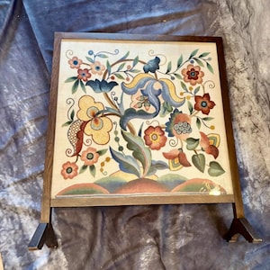 Antique Edwardian Needlepoint Fireplace Screen | Intricate Floral Embroidery, Oak Frame