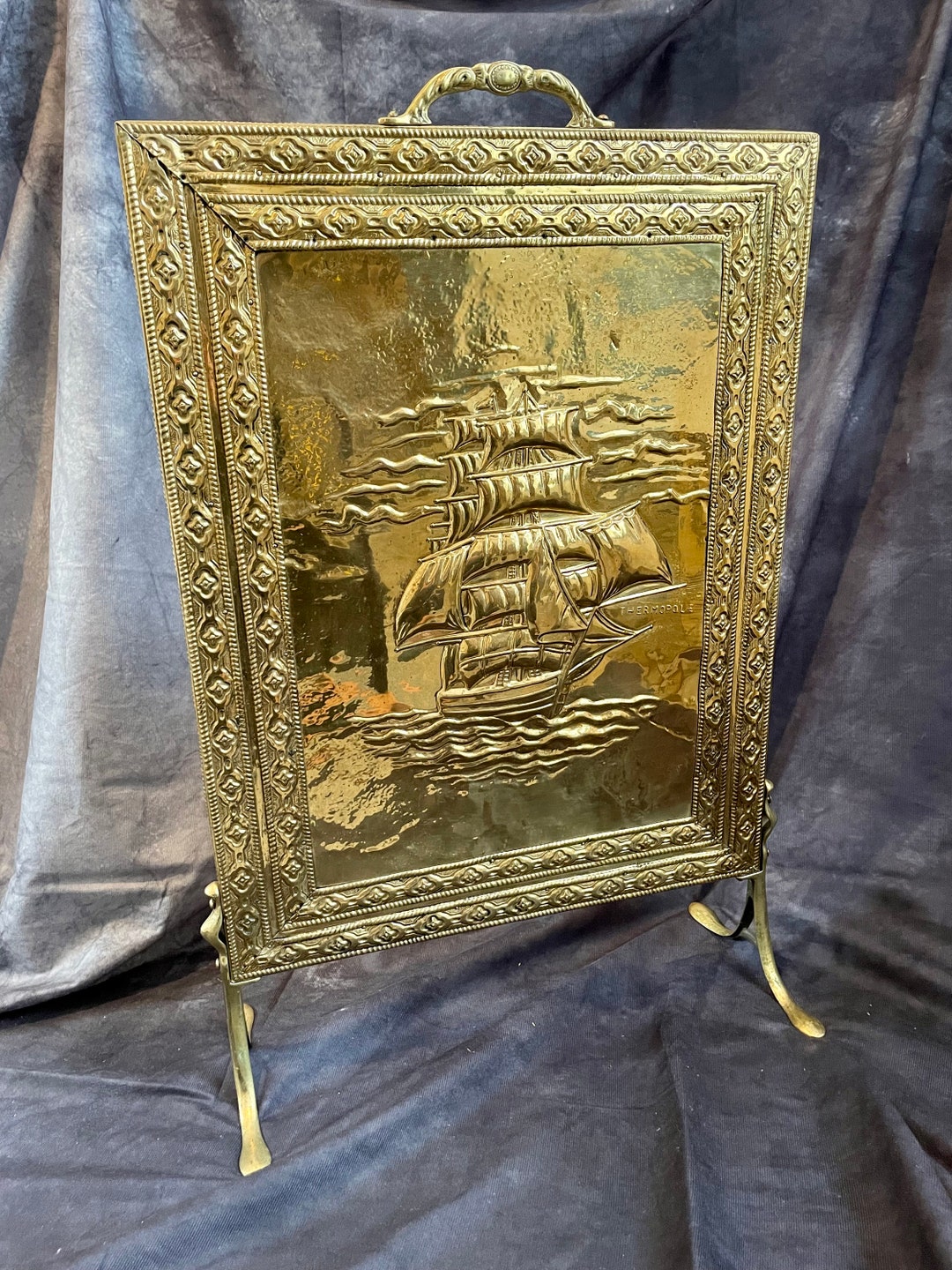 Vintage Antique MCM Brass Nautical Sailing Ship Vintage Fireplace