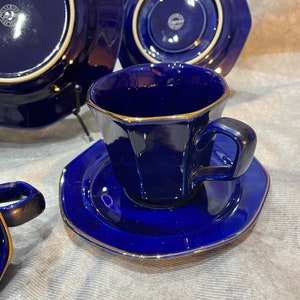 Vintage Classic Rayware Rare British Tea Set Saucers Cups Desert Plate Serving Plates Gold And Blue Art Deco perfect gifts