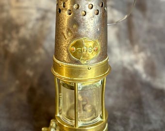 Vintage Brass British Coal Mining Safety Miners Lamp, Aberaman
