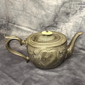Antique English Pewter Teapot: 19th Century Engraved Kettle