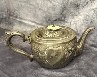 Antique 1897 Ornate Plated Teapot | Victorian Era Floral & Heart Design | Rustic Farmhouse Decor 19th century.