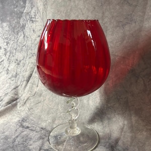 Vintage Ruby Red Glass Goblet | Hand-Blown Ribbed Bowl with Twisted Stem