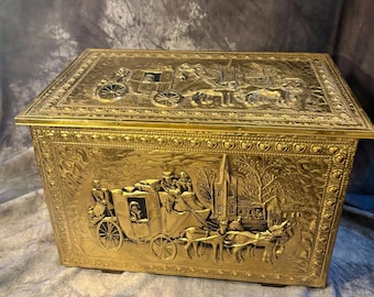 1920s Embossed Brass Box, Brass Trunk Brass, 19th Century English