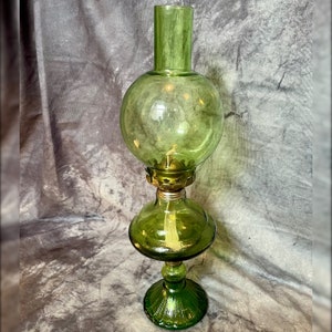 Vintage Art Deco Oil Lamp: Green Tinted Glass, Solid Brass Kerosene Lamp
