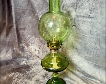 Vintage Art Deco Oil Lamp: Green Tinted Glass, Solid Brass Base