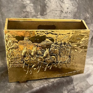 Mid Century Brass Magazine Rack: Stage Coach Design