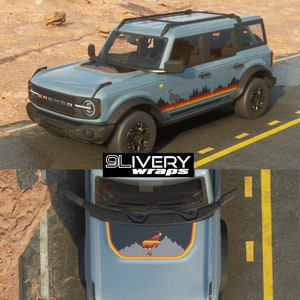 Retro Tree & Mountain Decals for Side, Hood Cowl, and Rocker - Satin Retro Stripes - Overland Adventure Style for Ford Bronco