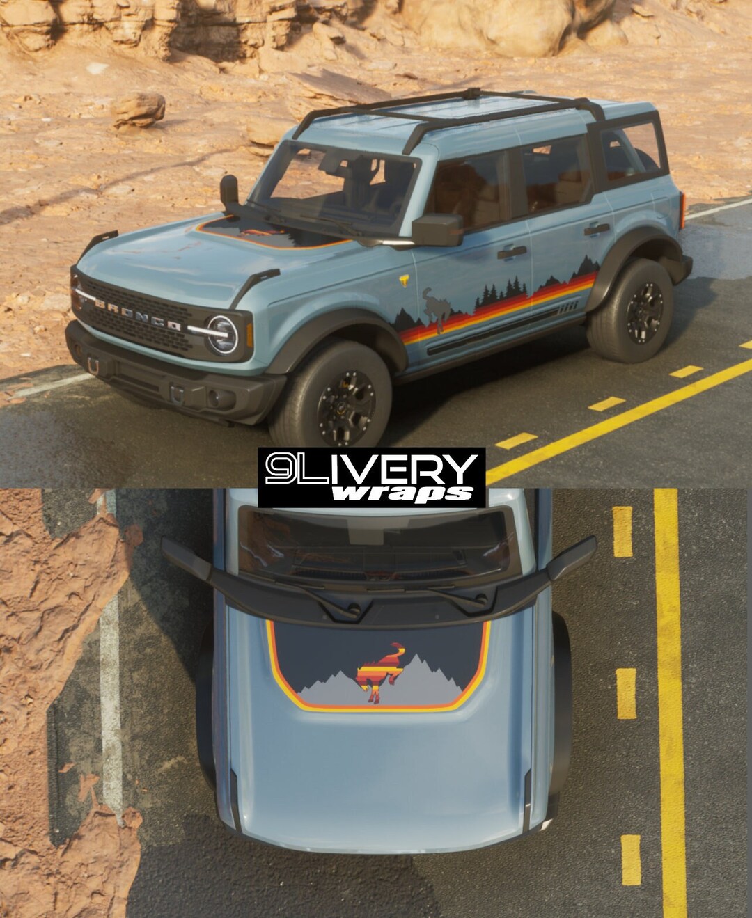 Ford Bronco Retro Tree Mountain Decals: Hood Cowl Rocker Stripes