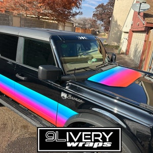 Retro Style - Side Panel Protection Strip and Hood Glare Reduction Cowl -  Fits 2 Door and 4 Door - Sunset and Vaporwave  for Ford Bronco