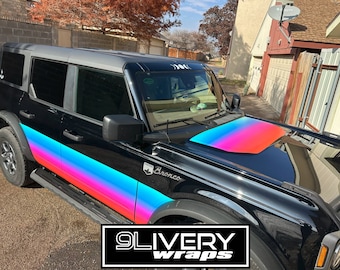 Retro Sunset Vaporwave Side Stripe + Hood Cowl - Made to Fit Bronco 2 Door 4 Door Sport - Custom Colors Available!