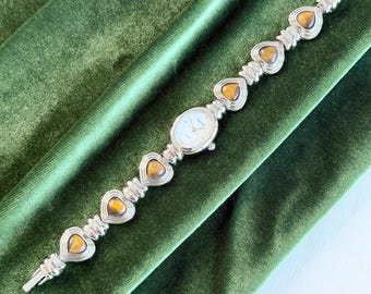 Vintage Infinity Ladies Watch, Tiger Eye Heart Cabochon Bracelet, Romantic Cottagecore Cocktail Watch, Old Money, Gift for Her