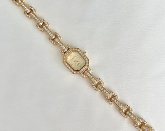 Vintage Gold Tone Pave Damenuhr: Damen-Armbanduhr, achteckiges Ziffernblatt, Strass-Lünette und Links, Arbeitsuhr