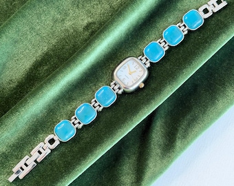 Sky Blue Domed Accent Ladies Watch, Silver Tone Link Bracelet, Colorful Vintage Watch Women, Gift for Her