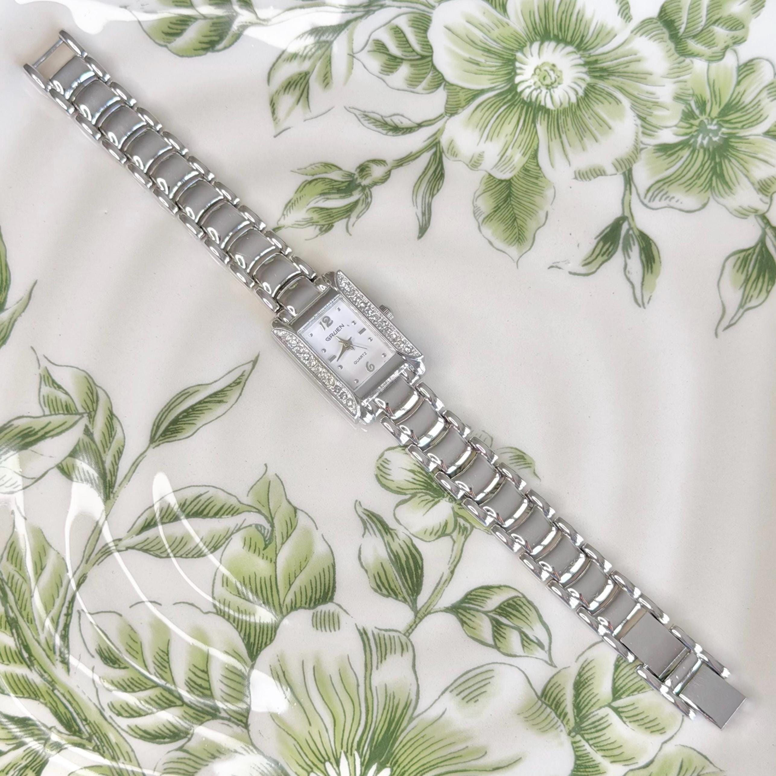 Gruen Silver Quartz Watch with Crystal Accents Vintage silver Diamanté Gruen Watch with Unique Band  main image 3
