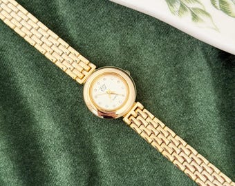 Elizabeth Taylor Vintage Two Tone Watch Crystal Markers Petite Round Face Gold Silver Brick Link Dainty Jewelry Watch