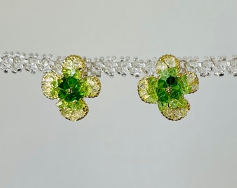 Pendant Stud Green Crystal Flower Earrings | 18K Gold Plated | Hypoallergenic