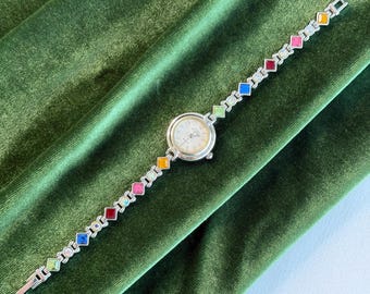 Vintage Gloria Vanderbilt Ladies Watch, Multicolor Crystal Bracelet, Rainbow Stone Watch Women, Gift for Her