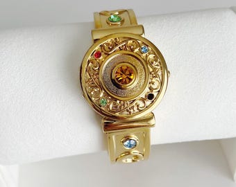 Vintage Peekaboo Women’s Watch: Colorful Rhinestone Detail, Round White Dial, Gold Tone, Perfect for Costume