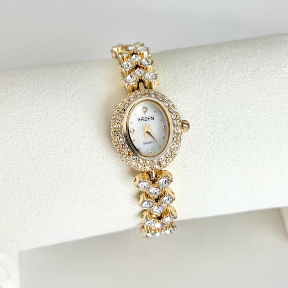 Vintage Gruen Watch Women’s Gold Tone Rhinestone Ladies Gruen Gold Plated Quartz Dress Heart Watch with  main image 2