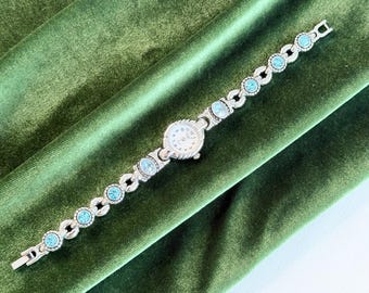 Vintage Vivani Ladies Watch, Silver Tone Oval Case, Aqua Blue Crystal Bracelet, Dainty Cocktail Watch, Gift for Her